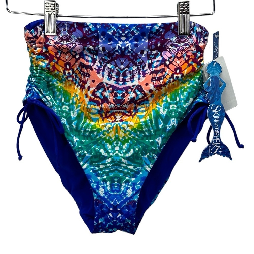 Skinny Dippers High Waist Side Tie Reversible Swim Brief - Rainbow Blue - Small